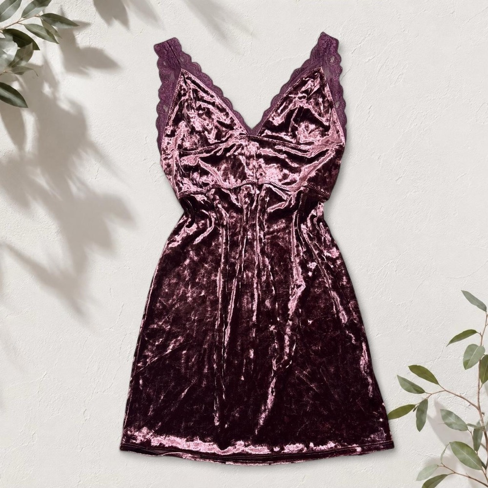 Free People Burgundy Velvet Lace Trim Slip Dress Small Romantic Boho Mini